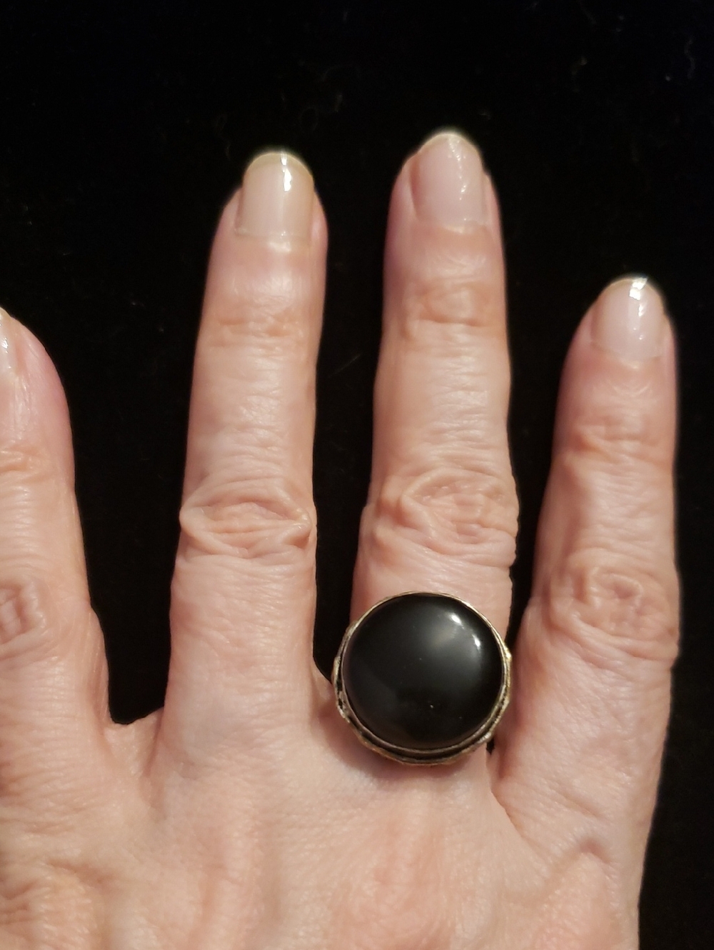 Round Black Gemstone & S.P. Ring, Sz 9, Minimalist, Lg, Unisex